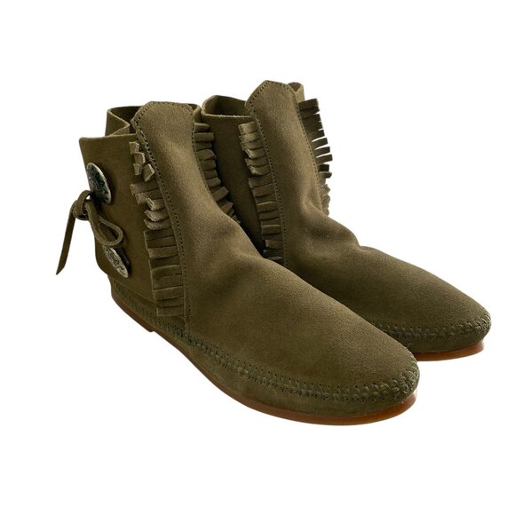 Minnetonka 2 Button Suede Leather Boots Women 9.5 Green Round Moc Toe Lace Up - Picture 1 of 13